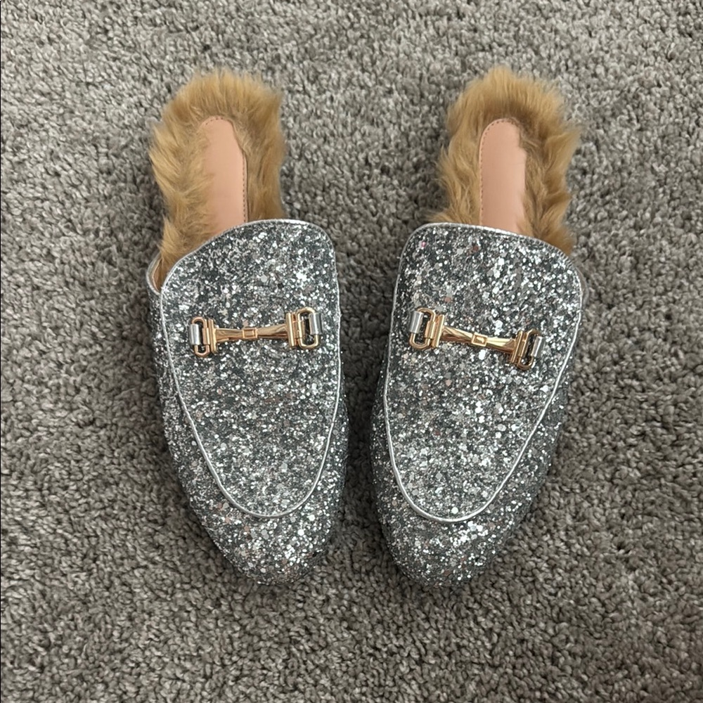Silver Glitter Loafers with Faux Fur Lining